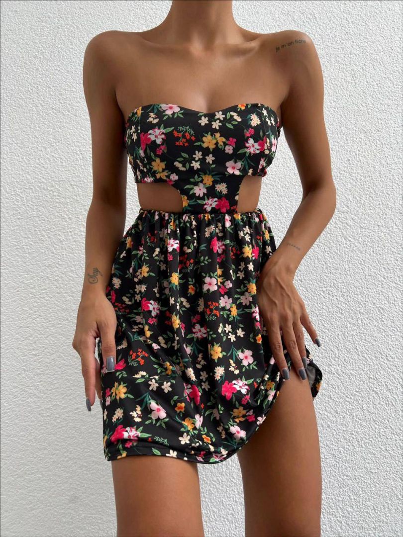 Sıfır omuz belden detaylı elbise siyah detay