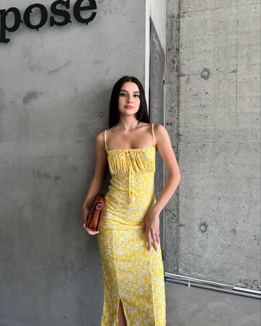 Desenli 90'lar uzun elbise sarı